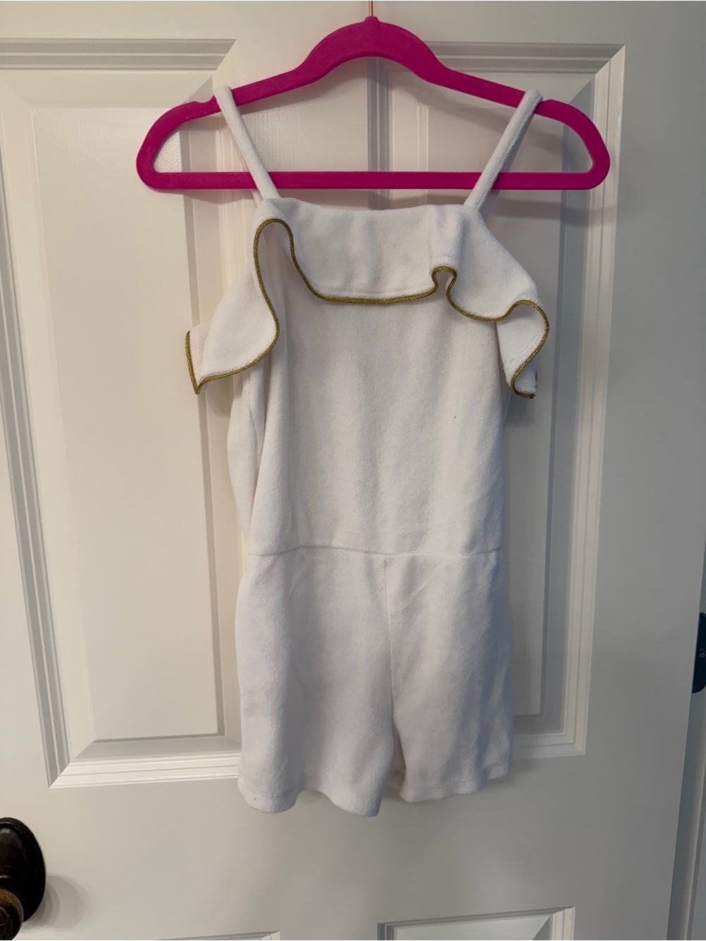 Janie and Jack White Terry Cloth Romper with Gold-Trim Ruffle